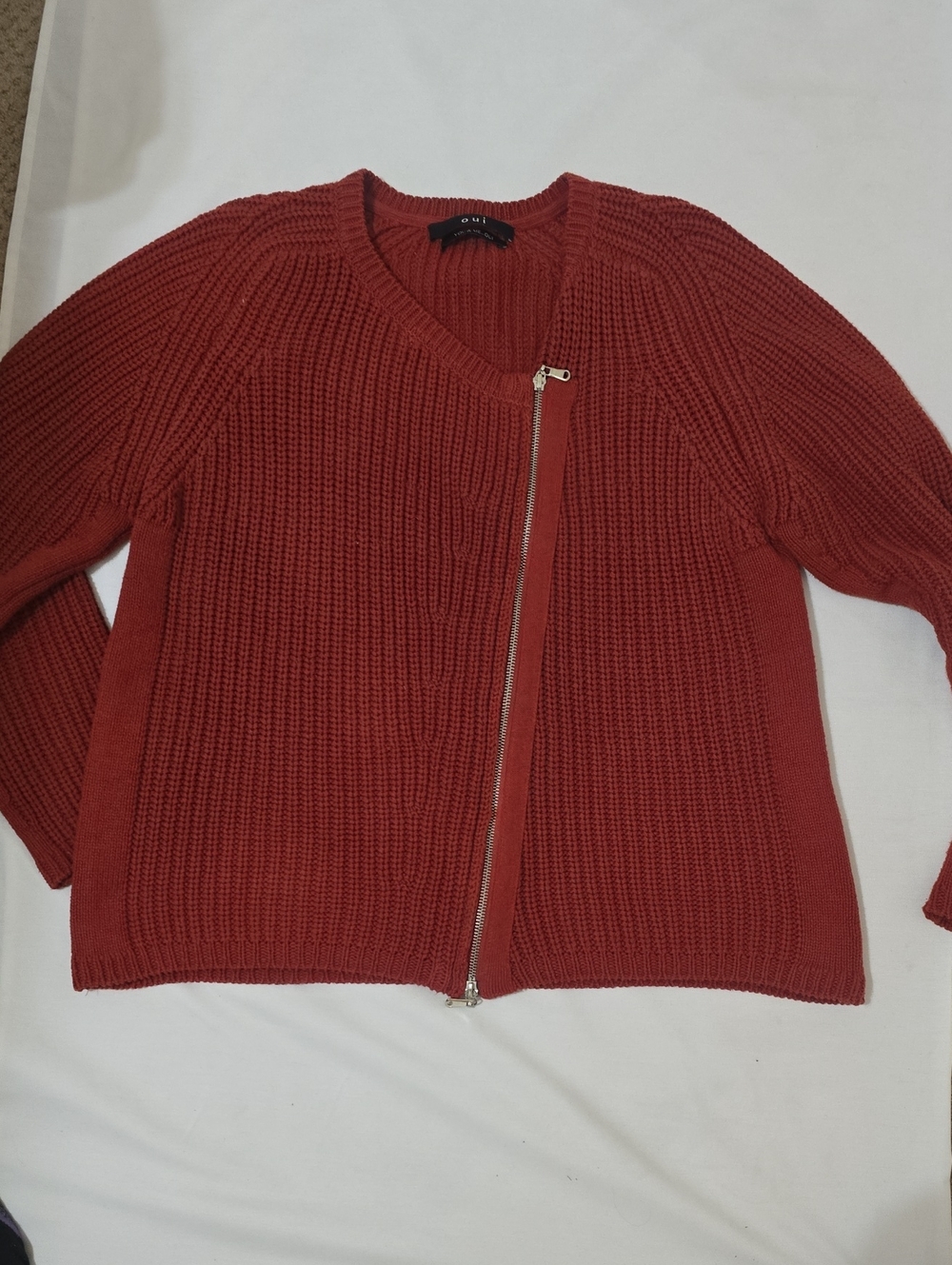 OUI Zippered Brick Red Knit Cardigan Sweater 12